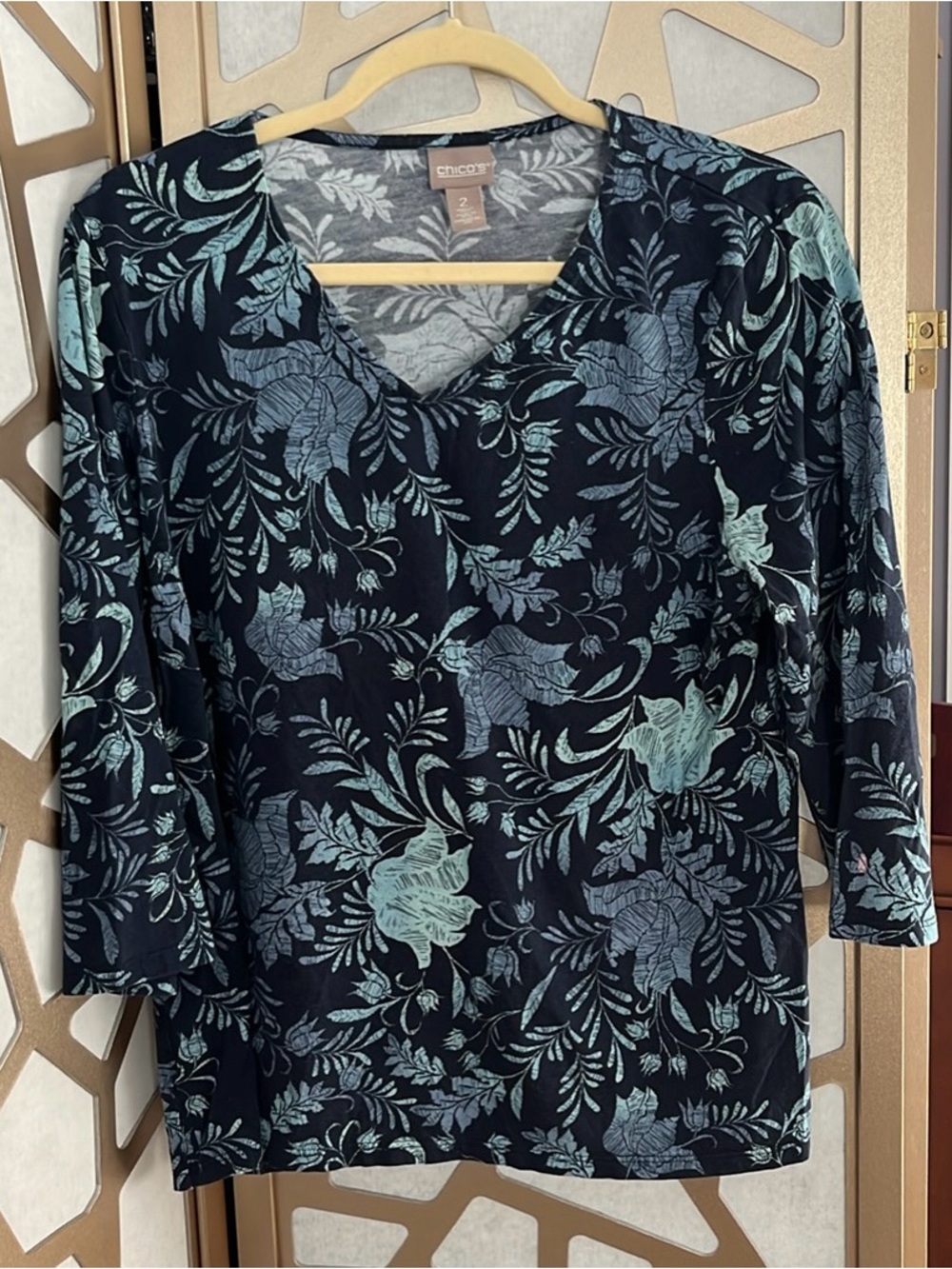 Chico's Black Top with Teal Botanical Print